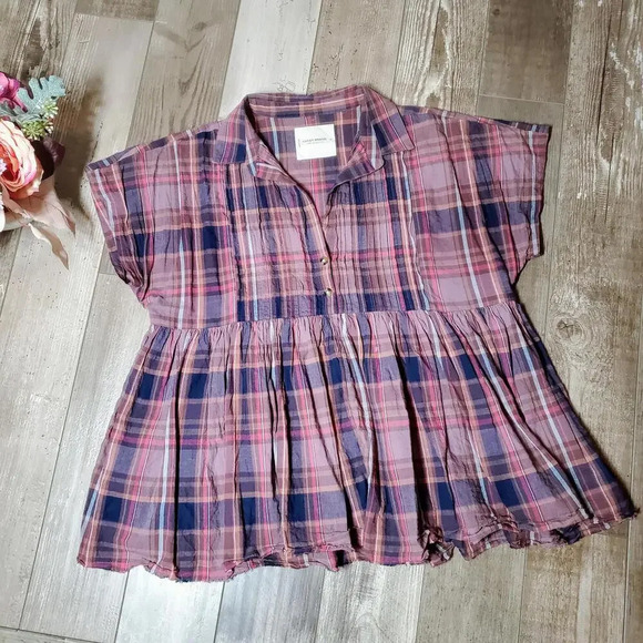 Lucky Brand Women's Short Sleeve Babydoll Tunic Shirt Plaid Size XS - Picture 3 of 12